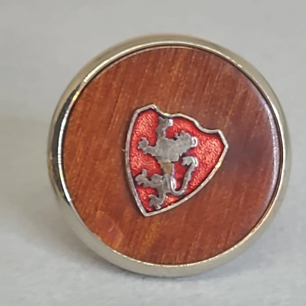 Vintage Cufflinks Men Gold Tone Wood Red Enamel Shield Lion Rampant Heraldic